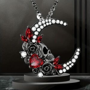 Moon Skull Rose Heart Love Ruby Diamond Pendant Necklace